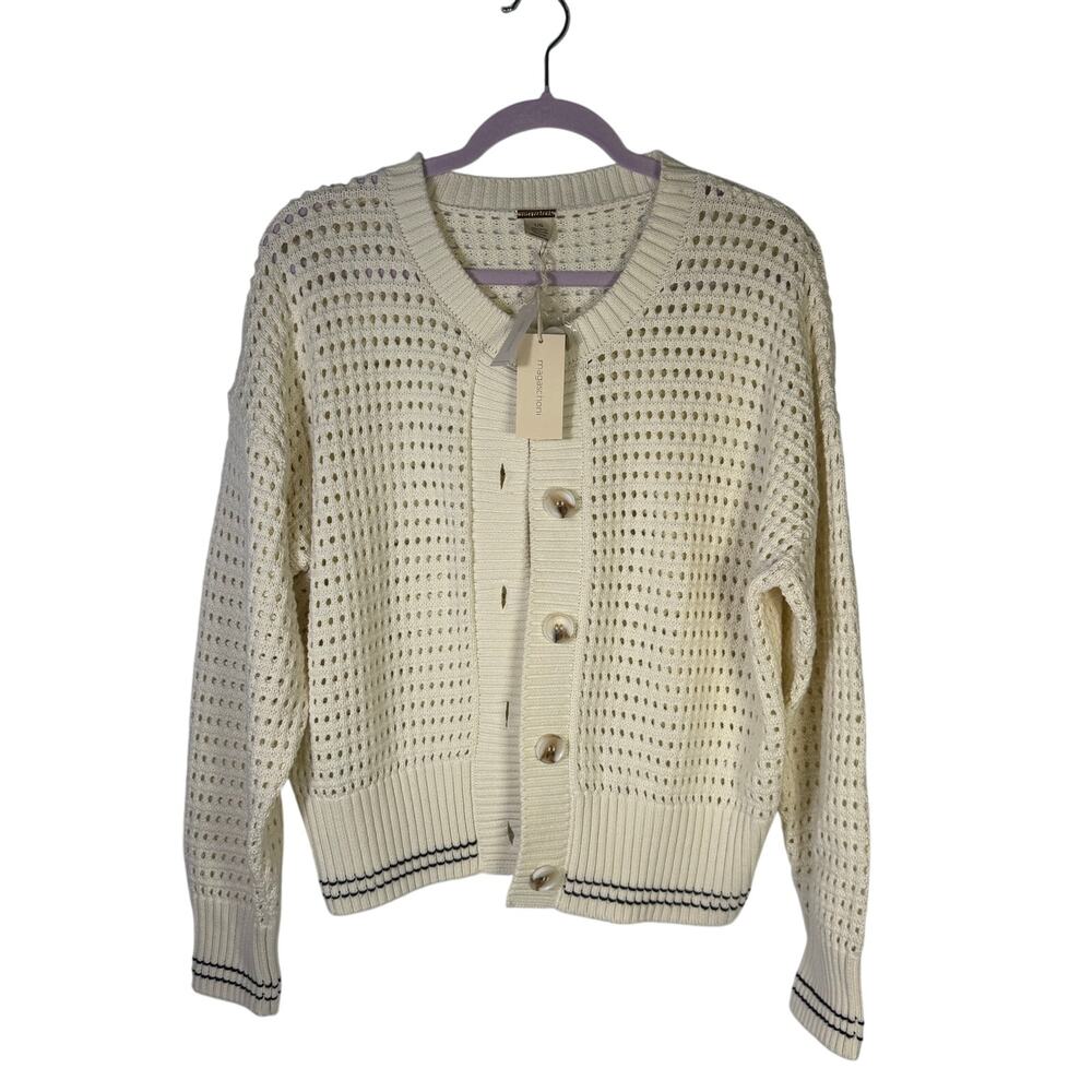 Magaschoni Women’s Cream Open Knit Button Cardigan Sweater Size L NWT